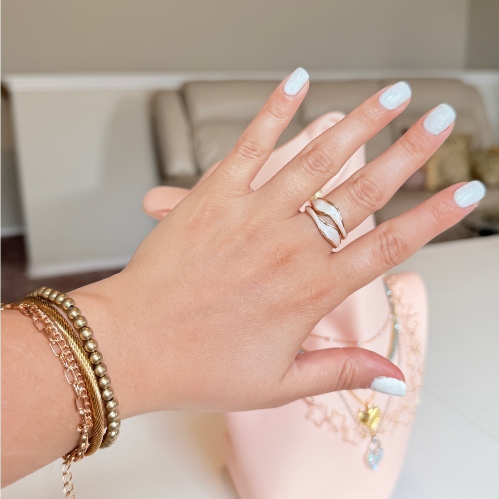 Gold Beaded and Chain Bracelet Set with White Enamel Ring